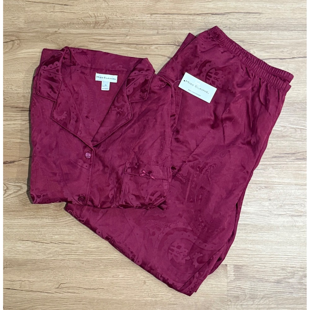 Miss Elaine Women's Paisley Brushed Back Satin Burgundy 2pc Pajama Set  XL NEW